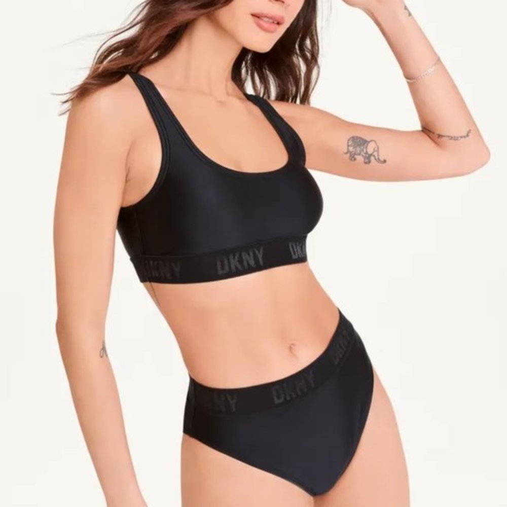 DKNY Logo Scoop Neck Bikini Top High Waist Bottom‎ 2-Piece Set Black L